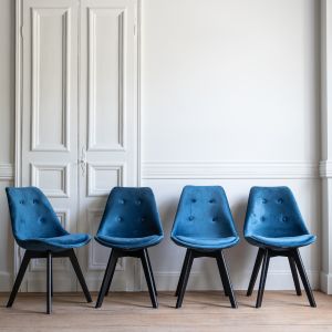 Pack de 4 sillas de terciopelo azul con cojín nora