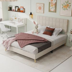 Cama 160x200cm con patas de madera, sin colchón, color beige