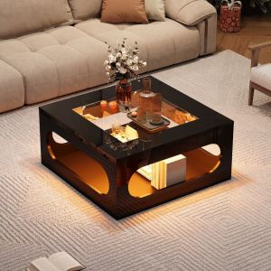 Mesa de centro cuadrada con LED vidrio templado negro 35x70x70cm