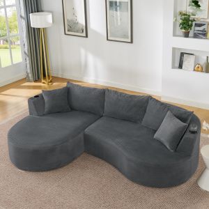 Sofá chaise longue 3 plazas pana gris con cojines y portavasos integrados