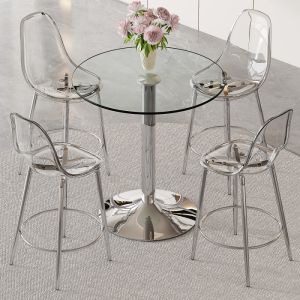 Conjunto de mesa alta de cristal con 4 taburetes transparentes