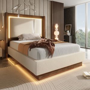 Cama tapizada 90x200 cm con LED y canapé hidráulico lino