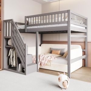 Cama alta 140x200 madera con escalera de almacenaje gris