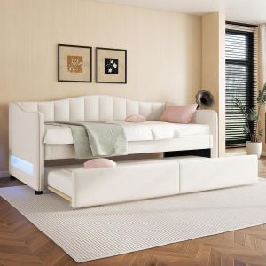 Cama canapé 90x200cm con cama nido LED, lino, estilo minimalista
