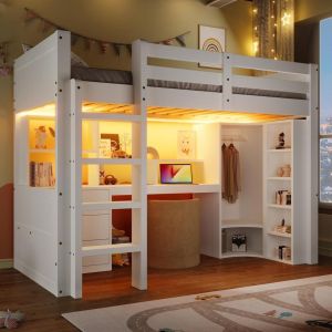 Cama alta 90x200 cm con LED, armario, escritorio y cajones, blanca