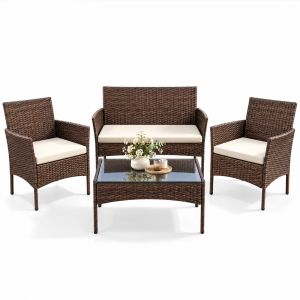 Yoevu - set de jardín ratán pe 4 piezas marrón café