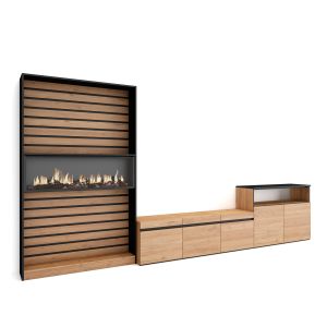 Muebles salón, 360x35x186cm, roble y negro, chimenea eléctrica xxl rf3160