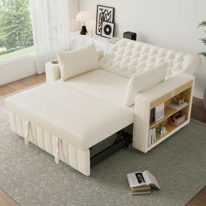 Sofá cama plegable chenilla beige 2 plazas almacenaje usb portavasos
