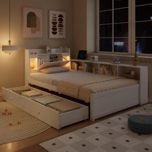 Cama 90x200cm con estante, 2 luces, enchufe, cajones, blanca