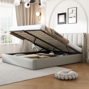 Cama tapizada 140x190cm con canapé hidráulico, LED y usb pu – gris
