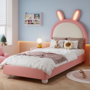 Cama tapizada 90x200cm con LED cabecero conejo