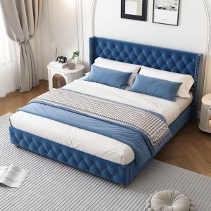 Cama tapizada 160x200cm con cabecero acolchado terciopelo – azul