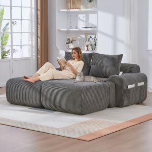 Sofá modular 2 plazas pana gris oscuro con 2 reposapiés portavasos