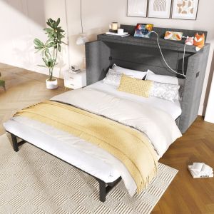 Cama abatible 140x200 cm con cajón y carga usb tipo c lino – color gris
