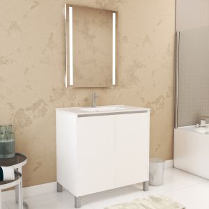 Pack mueble 80 cm blanco 2 puertas lavabo espejo 60x80 con LED