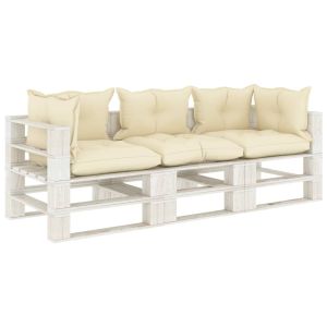 vidaXL sofá de palets 3 plazas de jardín madera con cojines crema
