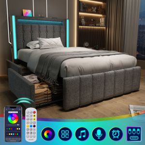 Cama doble tapizada 90x200 cm con LED, usb y 2 cajones lino – color gris