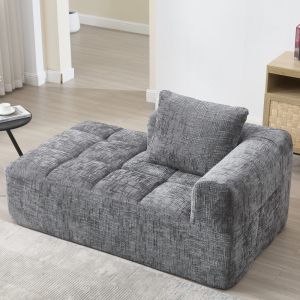 Sofá con chaise longue 2 plazas en chenilla gris con bolsillos laterales