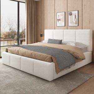 Cama tapizada 180x200 cm con somier y cabecero bouclé – color beige