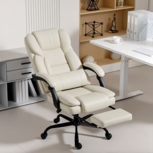 Silla de oficina ergonómica de polipiel beige con reposapiés ajustable