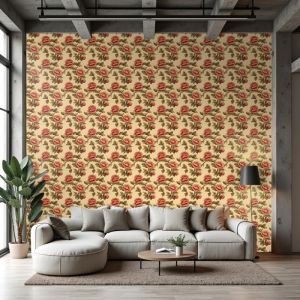Papel pintado floral diseño retro camelias rojo fondo beige 60cm por 250cm