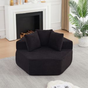 Sillón modular hexagonal chenilla negra con 3 cojines