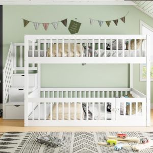 Litera infantil madera maciza con escalera de cajones 140x200cm blanco