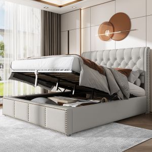 Cama tapizada 140x190 cm con canapé y cabecero de lino algodón – color gris