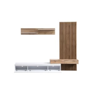 Conjunto de comedor con mesa tv y panelado blanco y roble 250x200 cm