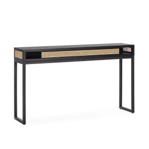 Consola 142x30x84 madera negro, ratan natural, metal negro
