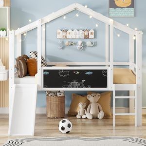 Cama litera infantil 90x200cm madera con tobogán y pizarra blanca