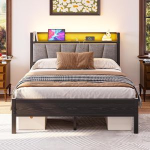 Cama 140x190cm con cabecero usb LED silenciosa sin somier metal gris