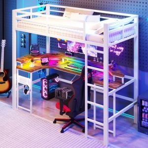 Cama alta 90x200 cm con escritorio, LED y carga metal – color blanco