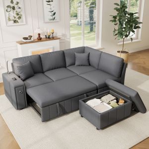Sofá chaise longue en l gris 5 plazas con usb y puff