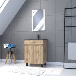 Mueble baño 60x80 cm roble + lavabo negro + espejo LED