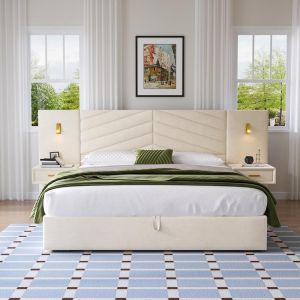 Cama baúl terciopelo 160x200cm hidráulica con LED y 2 bancos beige