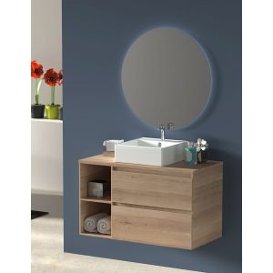 Mueble de Baño ZEUS con lavabo y espejo redondo LED Fresno Tea 80 cm Estante derecha