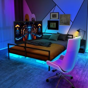 Cama metálica con soporte ajustable, luz LED y almacenaje – color negro