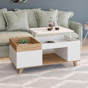 Mesa baja elevable madera/blanco - 3 espacios - 110x55x45/58 cm