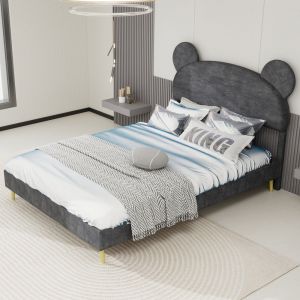 Cama tapizada 140x200 cm con almacenaje y cabecero con diseño tela – gris