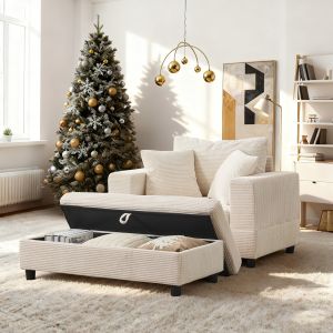 Sofá chaise longue de pana beige con reposapiés, almacenaje y 3 cojines