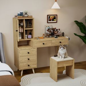 Tocador con espejo retráctil y 5 cajones madera natural beige 120x84x40cm