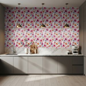 Papel pintado floral acuarela jardín rosado color fucsia 60cm por 300cm