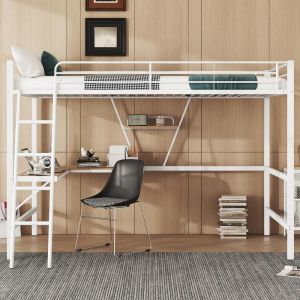 Cama alta 90x200 cm con escritorio en l y estantería, blanco