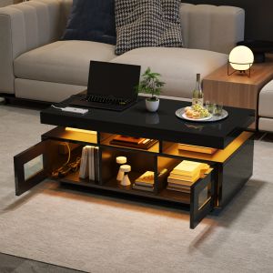 Mesa de centro con LED y enchufe 2 puertas negro 43x100x50cm