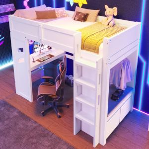 Cama alta 90x200cm con escritorio y LED, usb y cajones madera – blanco