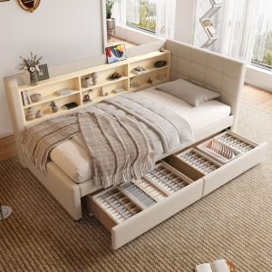 Sofá cama 90x200cm con cajones, usb y estantes lino y mdf – beige