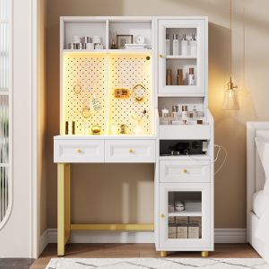 Mesa tocador escritorio con LED mdf blanco dorado 156x100x45cm