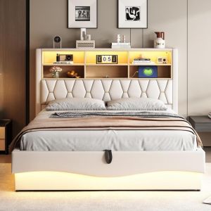 Cama tapizada 180x200cm con almacenaje LED usb beige