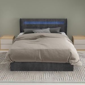Cama con LED y almacenaje elevable 140x200cm gris, sin colchón